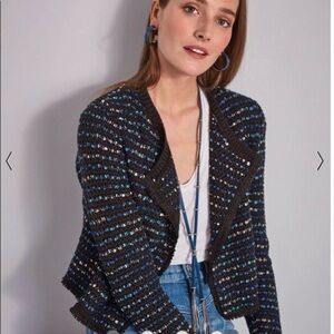 WHBM Jacket Knit Black Tweed Fringe Moto Cropped Open Front S Party Work Chic